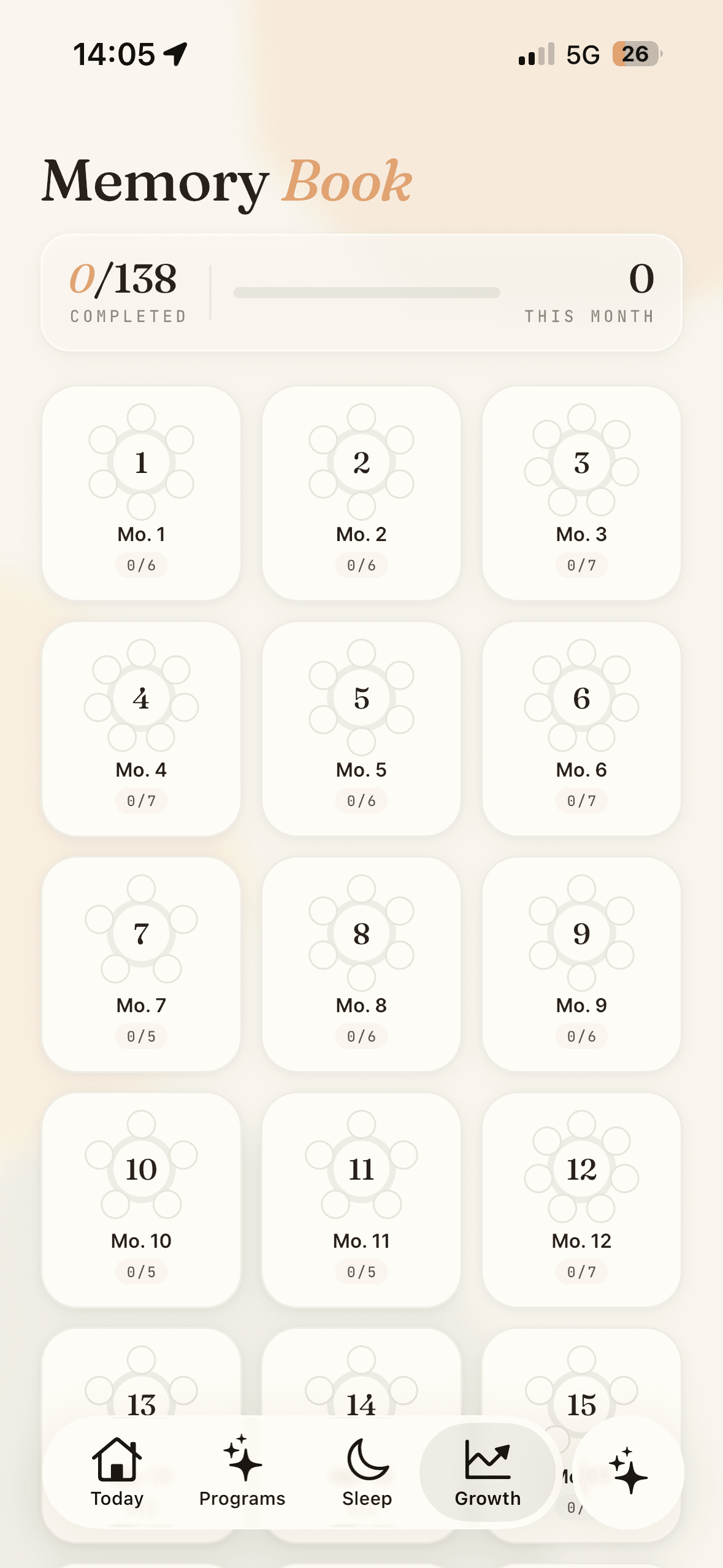 Parentra Memory Book screen with monthly milestone progress